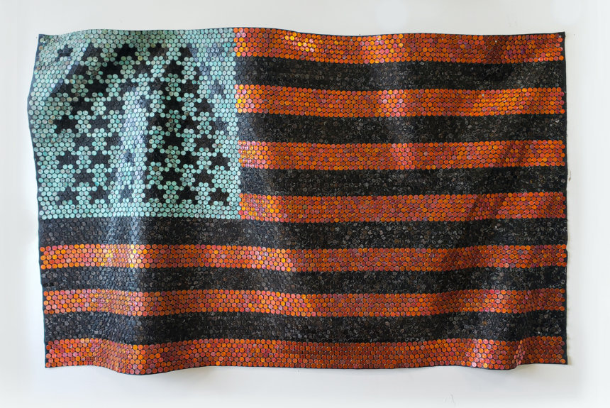 Artist, Yaw Owusu opens at ICA San Diego, African American Flag, . Us Oxidized Pennies On Canvas , Museums Visit in Encinitas